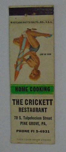 The Crickett Restaurant Pine Grove PA Matchbook Cover girlie