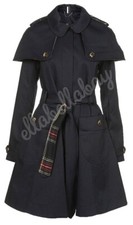 Topshop Premium Navy Riding Style Tartan Belted Fit Flare Trench Cape Coat 10-12