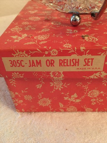 VTG 1950s Jam or Relish Set glass petal dish metal holder Sheffield spoon MCM - Picture 3 of 12