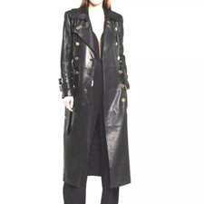Women's German Genuine Golden Button Down Belted Real Leather Trench Coat Long