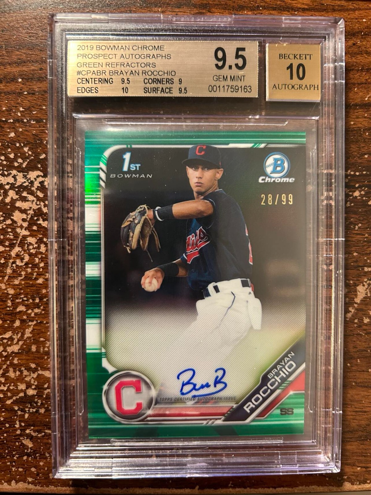 Brayan Rocchio, Autograph-Green Refractor /99 - 2019 Bowman Chrome - BGS 9.5/10