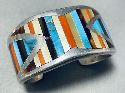 Very Thick Vintage Native American Navajo Turquoise Coral Sterling Silver Minlay Bracelet Very Thick Vintage Native American Navajo Turquoise Coral Sterling Silver Minlay Bracelet