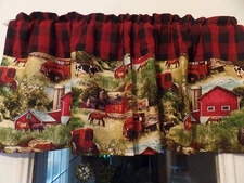 Red/Black Check Header, Red Truck, Barn, Horses Handmade Window VALANCES 42 x 16