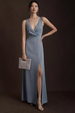 $248 BHLDN Dusty Blue Piper Vneck Side Slit Pleated Satin Gown 2 NEW B961