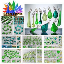 Green Crystals Cut Glass Drops Beads Droplets Lamp Light Parts Antique Colours