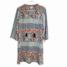 Boho Floral Patchwork Tunic Dress Tassel Tie Bell Sleeve Size 2 Cottagecore