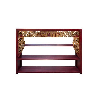 Chinese Red Golden Carving Rectangular Curio Display Stand Side Table cs7654