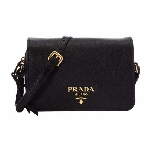 Prada Vitello Phenix Black Leather Flap Crossbody Bag NEW