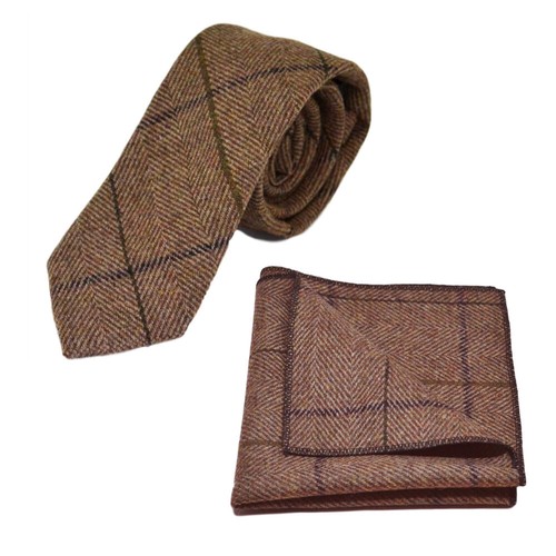 Ensemble Cravate Et Pochette Carreaux Cedar - Marron - Tweed à Pays - King & Priory - Neuf Avec étiquettes