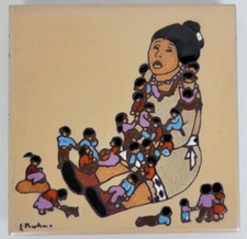 Vintage Earthtones Leone Kuhne Tile Storyteller w. Children 1984