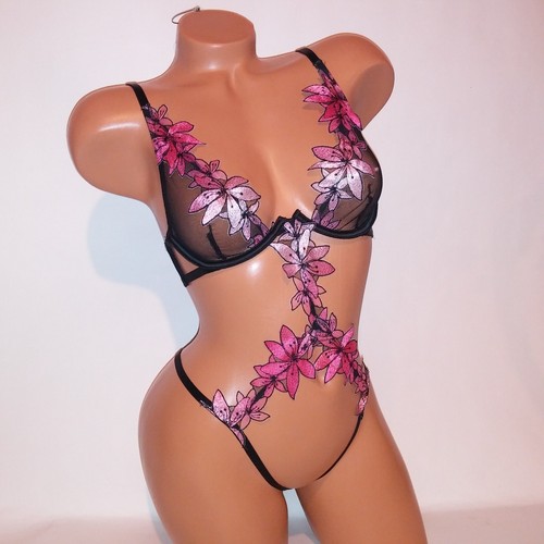 Victoria Secret Lingerie Teddy One Piece Bodysuit Black Pink Applique Floral New - Picture 3 of 10