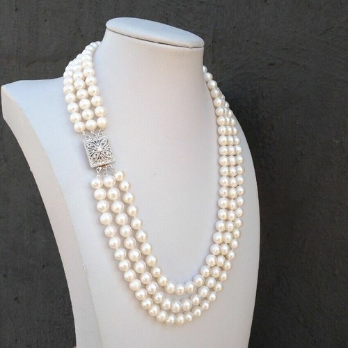 Triple Strands Natural South Sea White Pearl Necklace 18"19"20" Classic Wearing - Picture 2 of 7