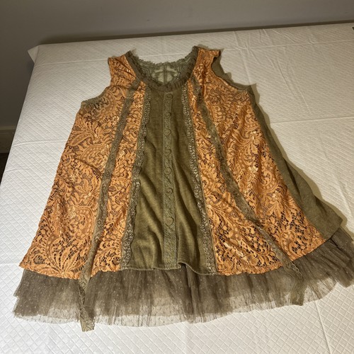 Top senza maniche Pretty Angel taglia XL pizzo tortora lino boho reggenza pizzo vittoriano
