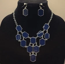 Charming Charlie Statement Bib Necklace W/ Earrings Navy Enamel Fashion Jewelry