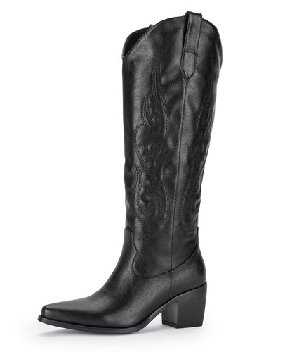 Knee-High Wide Calf Cowgirl Boots - Black Pull-On Embroidered Cowboy Boots wi...