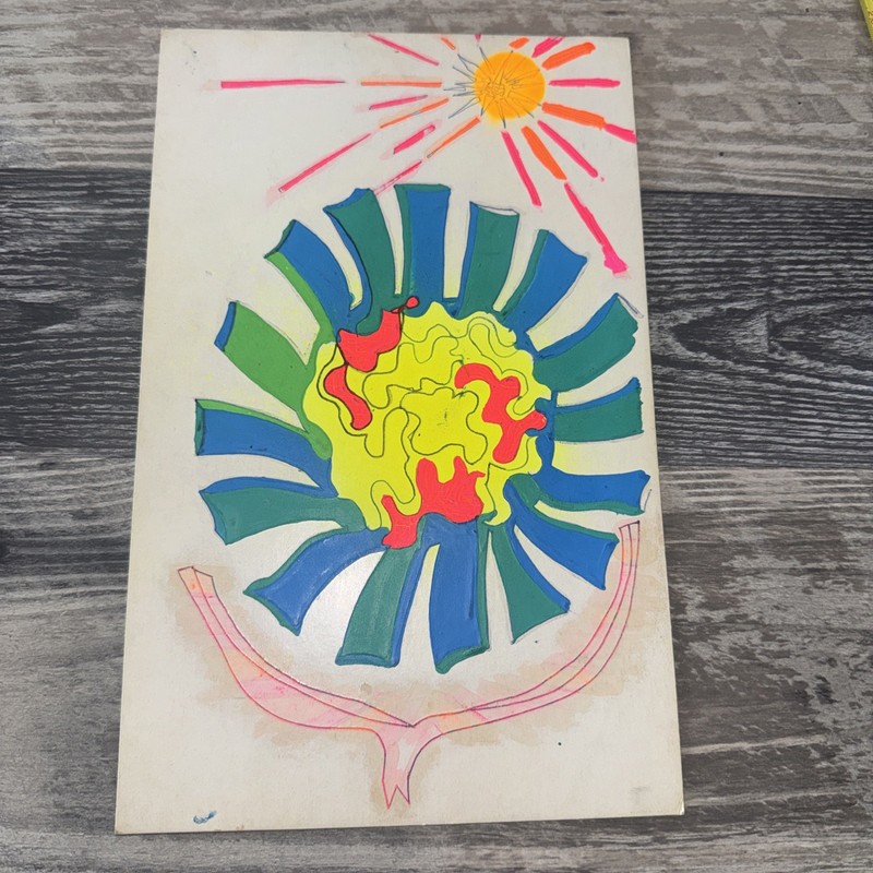 Vintage 1970 Abstract Psychedelic Geometric Painting Neon Pop Art Space Age .