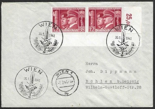 GERMANY 1941 FDC Scott #B189 Plate # Pair Michel #763 Wien to Bohlen