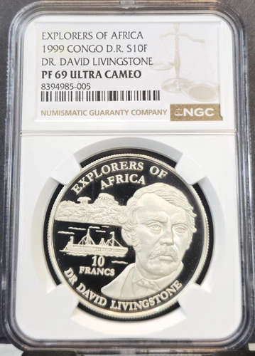 1999 CONGO SILVER 10 FRANCS DOCTOR LIVINGSTONE NGC PF 69 ULTRA CAMEO TOP POP