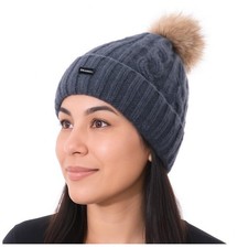 Bobble Hat Knitted Ladies Pom Pom Cable Knit 2 in 1 Beanie Gift Navy