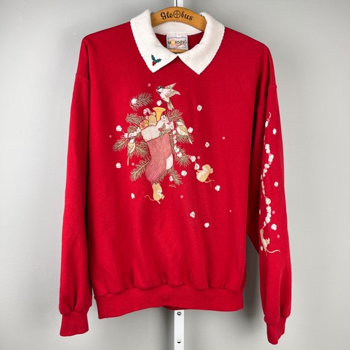 Vintage Morning Sun Christmas Sweatshirt Womens XL? Red Stocking Birds Mice - Picture 2 of 7