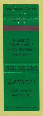 Matchbook Cover - Lorenzo's Italian Restaurant Freehold NJ WEAR