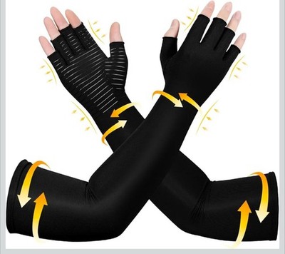 Long Copper Compression Arthritis Gloves for Women & Men. Medium. Black 