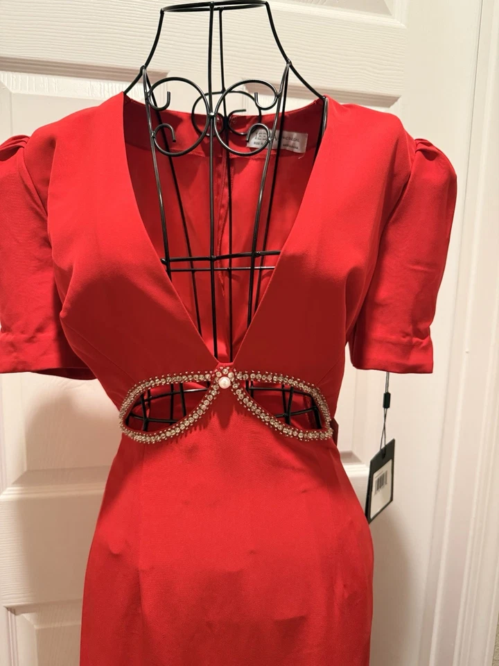 Nuevo con etiquetas Vestido Formal Mac Duggal Vestido de Noche Estrás Recorte Rojo Talla 6 Foto 2 de 3