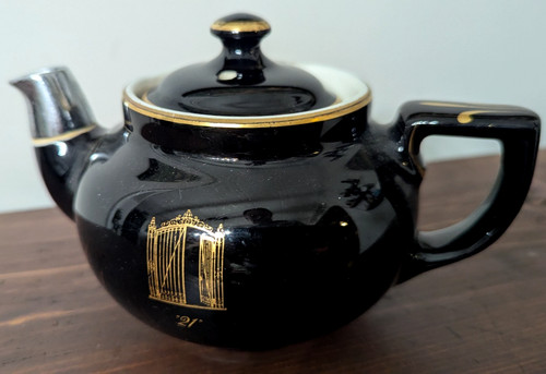 VINTAGE THE "21" CLUB NYC IRON GATE BLACK AND GOLD TEA POT