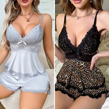 Women Pajama Set Satin Cami Sleepwear Lace Trim Short PJ Set with Short Lingerie