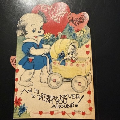 Vintage Mom Dog and Puppy Carriage Valentine Card 1940s Moveable Puppy Made USA