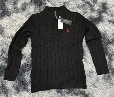 Black Polo Ralph Lauren Men's Cable Knit Quarter Zip Sweater. Size medium