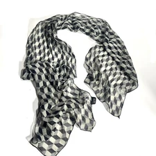 Cejon Silk Chiffon Scarf Black Gray Op Art Block Design Chic Dark Academia