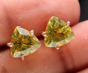 Authentic Natural Lemon Quartz Trillion Stud Earrings Rose Gold Fill Solid Silver Jewelry