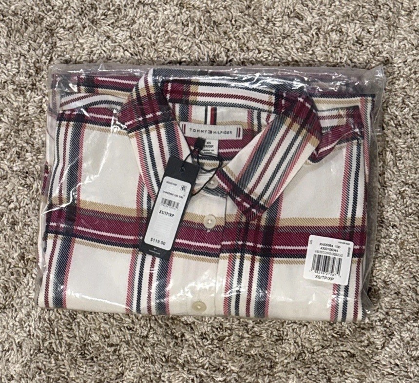 Tommy Hilfiger Women’s Plaid Georgette Belted Shirtdress Size XS NEW COLOR IVORY