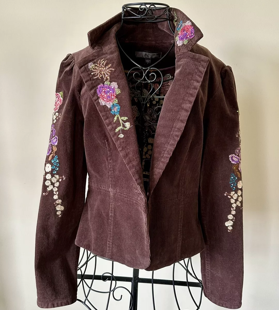 Vintage TM True Meaning Womens Jacket Blazer Brown Embroidered Flowers Size  2