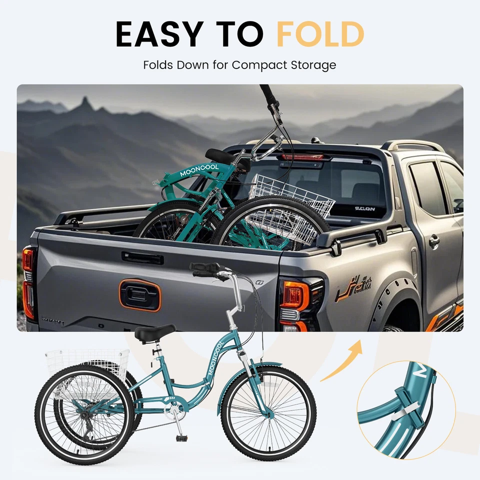 MOONCOOL Adults Folding Tricycle 7 Speed Tricycles 3 Wheel Bike Cruiser Trike - Image 3 of 4