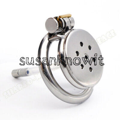 Steel Male Small Chastity Device Flat Cage Lock with dilator Tube Ring Bondage