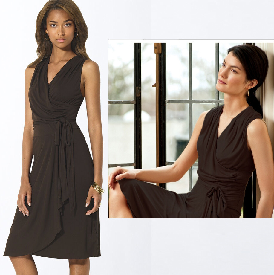 Lauren Ralph Lauren Jem Brown Jersey Faux Wrap Dress L