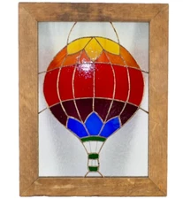 Rainbow Hot Air Balloon Stained Glass Wood Framed Window Panel OOK 13" x 18"