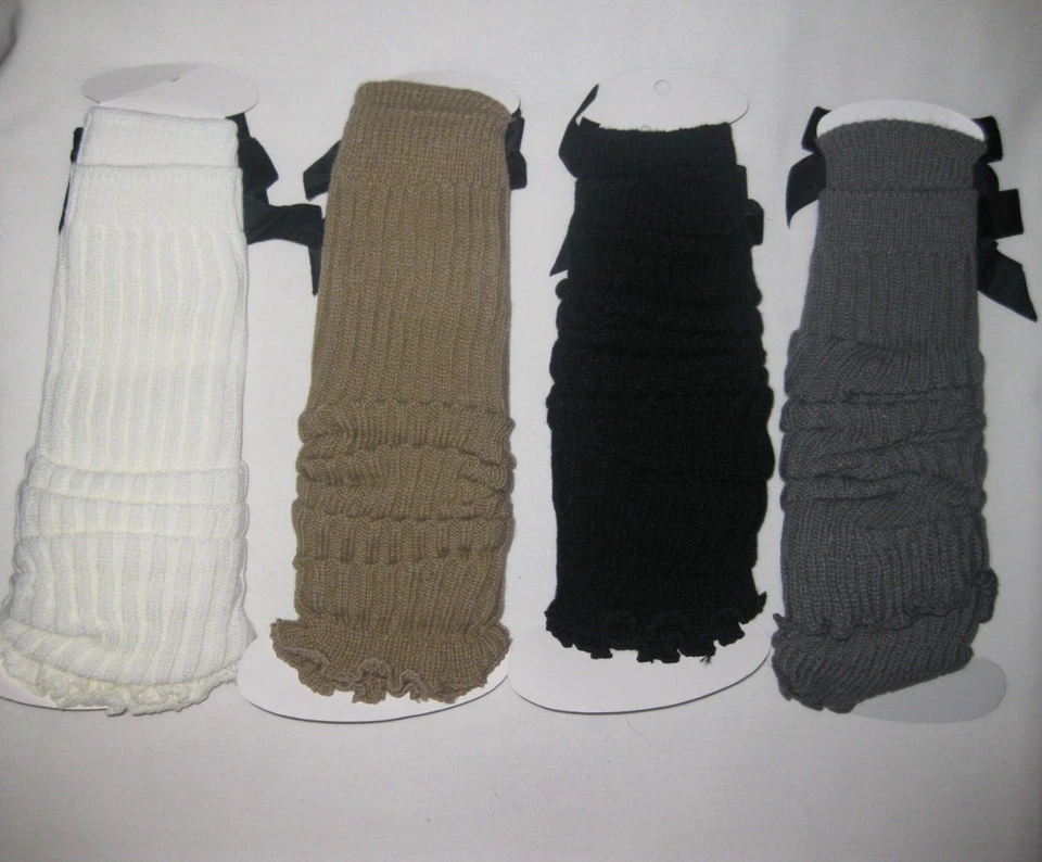 Niñas 8-11 años 4pk Calentadores de piernas de punto acanalado con lazos gris/bronceado/negro/blanco nip kawaii Foto 2 de 2