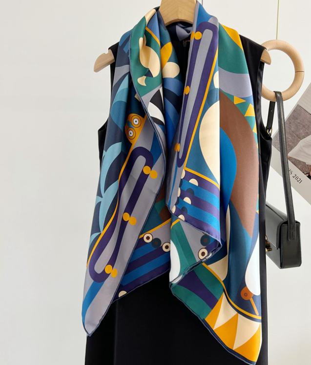 100% Silk Geometric Print Pure Twill Silk Wrap Scarf Bandana Large Shawl 53
