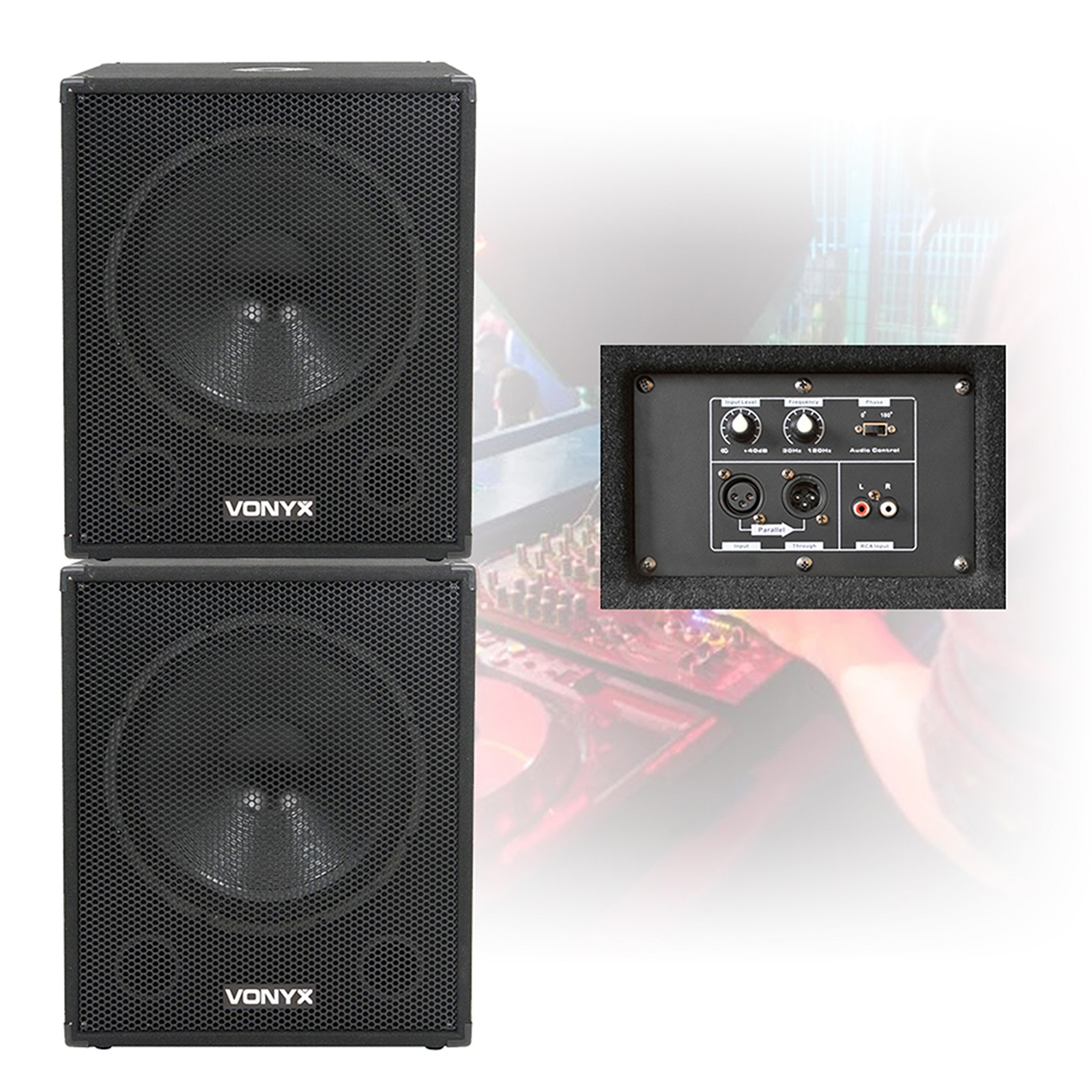 Pair Vonyx 18"" Active Powered Subwoofers Bass Bins PA Speakers 2000W UK Stock