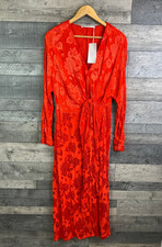 Zara Midi Dress Size Large Red Satin Floral Embossed Tie Twist Front Party 