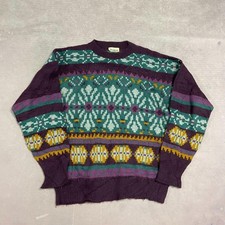 Vintage Abstract Knitted Jumper Patterned Grandad Knit Sweater Men's L