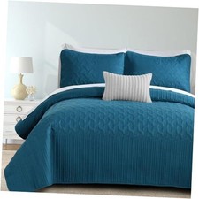 Teal Blue Quilt Set Queen Size Lightweight Bedspread Ultrasonic Wave Pattern