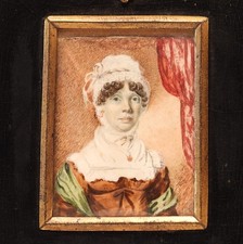 BEST! Antique C.1820 European Miniature Folk Art Painting of Woman in Hat
