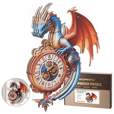 3D Wooden Puzzle Clock - Mythical Dragon Design, DIY Mechanical Deep Blue