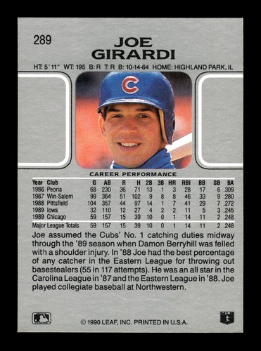 JOE GIRARDI ⚾ 1990 Leaf Baseball #289 Chicago Cubs - Picture 2 of 2
