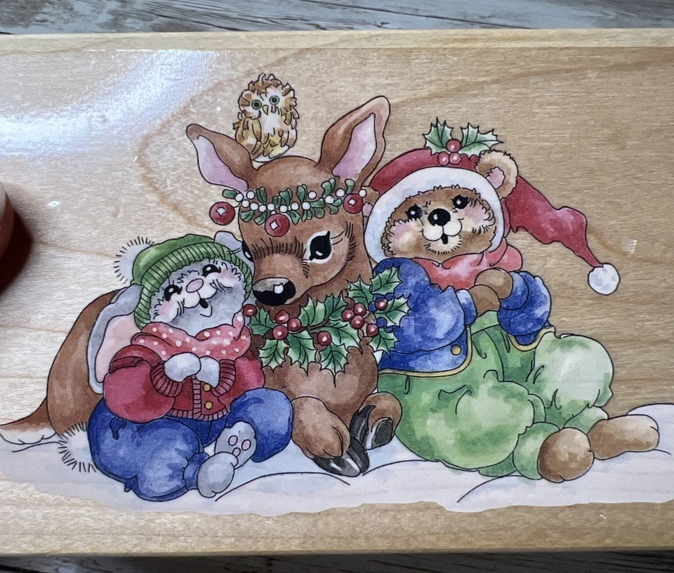 Lote de 2 estampillas de goma de madera Happen "Clover Hill" (década de 1990) de colección osos/conejitos Foto 3 de 4