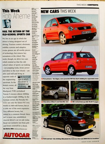 AUTOCAR MAGAZINE 15-AUG-01 - TVR Tuscan S, Porsche 911 GT2, Mitsubishi Evo Vll - Picture 3 of 3